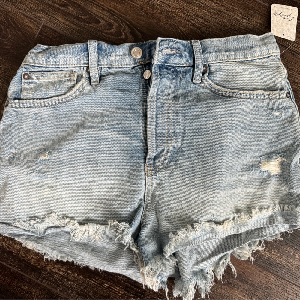 Free People Light Blue Distressed Denim Shorts